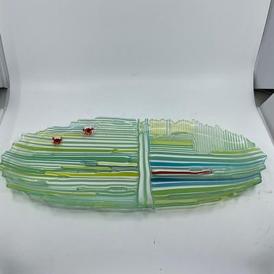 1406 Art Glass Platter with Iridescent Bowl and Artificial Fruit