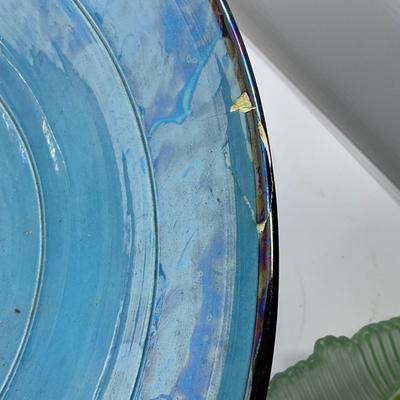 1406 Art Glass Platter with Iridescent Bowl and Artificial Fruit