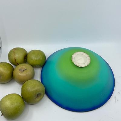 1406 Art Glass Platter with Iridescent Bowl and Artificial Fruit