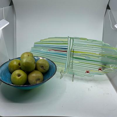 1406 Art Glass Platter with Iridescent Bowl and Artificial Fruit