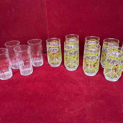 Lot # 107 Eight Currier and Ives Holly Tumblers & Four Vintage Juice Glasses