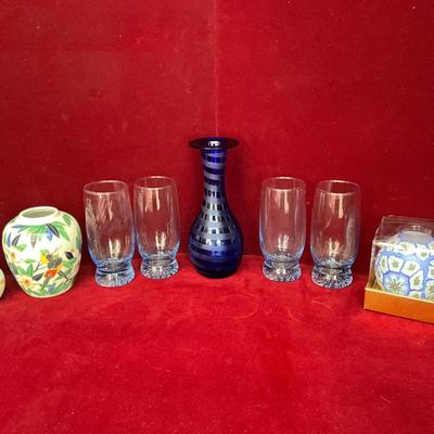 Lot # 109 Lot of Blue Vintage Glasses, Vintage Cobalt Blue Vase, Ceramic Vase, Blue Round Candle