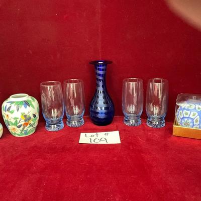 Lot # 109 Lot of Blue Vintage Glasses, Vintage Cobalt Blue Vase, Ceramic Vase, Blue Round Candle