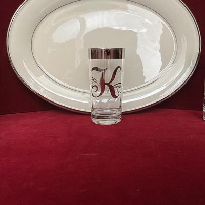 Lot# 93 MCM “ K” Monogrammed Silver Rimmed Tumblers & Large Oval Lenox Serving Platter