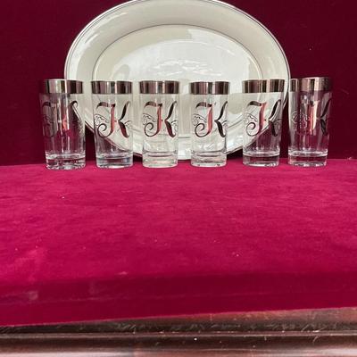 Lot# 93 MCM “ K” Monogrammed Silver Rimmed Tumblers & Large Oval Lenox Serving Platter