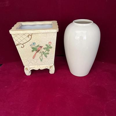 Lot# 95 Tall Vintage Ceramic Vase & Small Vintage Waste Can