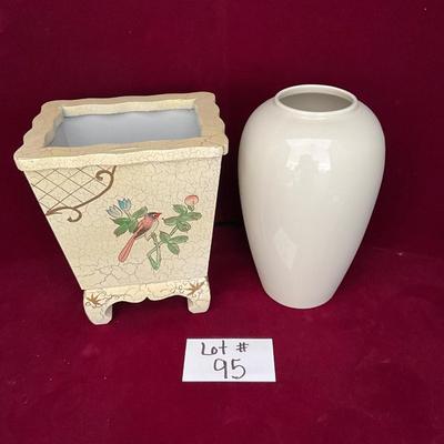 Lot# 95 Tall Vintage Ceramic Vase & Small Vintage Waste Can