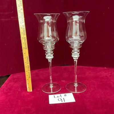 Lot# 91 Pair of Globed Clear Glass Tall Candlestick