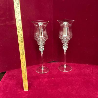 Lot# 91 Pair of Globed Clear Glass Tall Candlestick