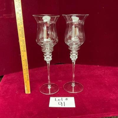 Lot# 91 Pair of Globed Clear Glass Tall Candlestick