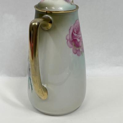 Vintage Bavarian Hand Painted Porcelain Coffee Pot / Chocolate pot - Pink Roses & Gold Trim