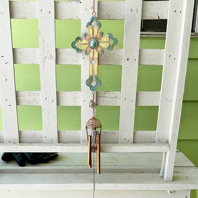 204 ENAMEL COPPER CROSS WIND CHIME 25" TALL