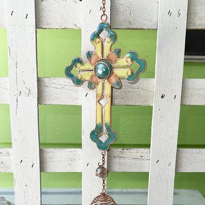 204 ENAMEL COPPER CROSS WIND CHIME 25" TALL