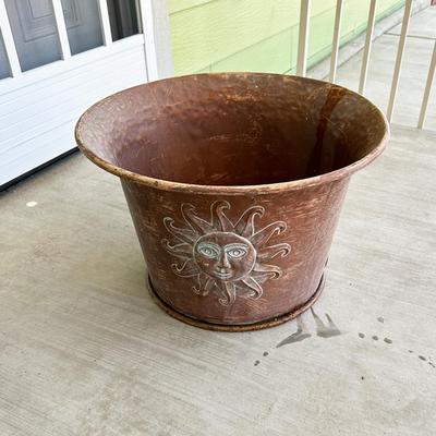 208 COPPER PATIO HOSE BUCKET WITH SUN DECORATION 15' HOSE