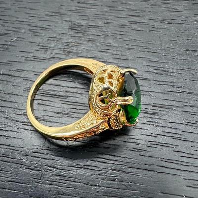 Gold Plated 4 Prong Setting Oval Cut Emerald Gemstone Ring