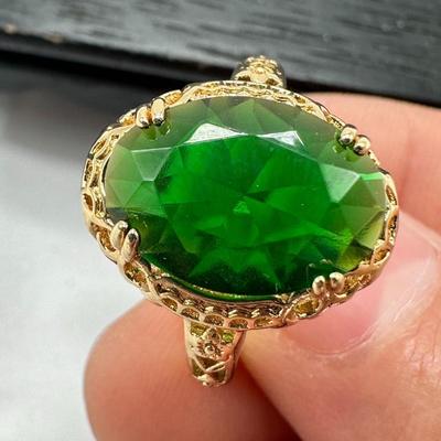 Gold Plated 4 Prong Setting Oval Cut Emerald Gemstone Ring