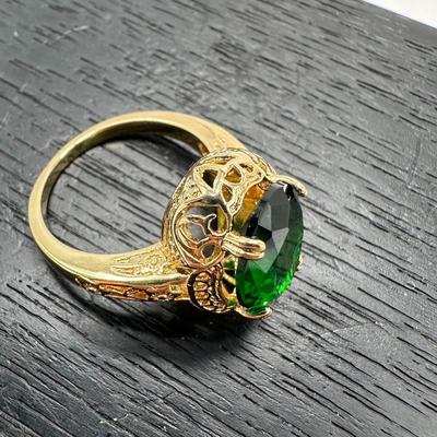 Gold Plated 4 Prong Setting Oval Cut Emerald Gemstone Ring