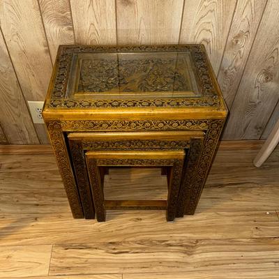 216 NESTING 3 CARVED WOOD TABLES GLASS TOPS 24" TALL