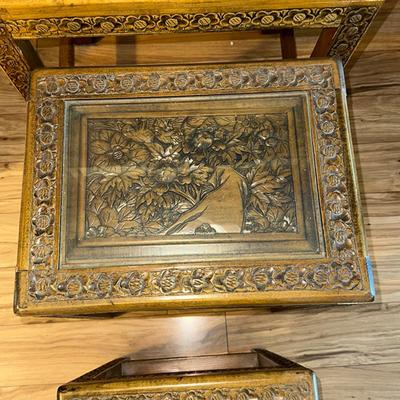216 NESTING 3 CARVED WOOD TABLES GLASS TOPS 24" TALL