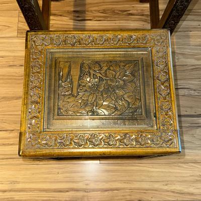 216 NESTING 3 CARVED WOOD TABLES GLASS TOPS 24" TALL