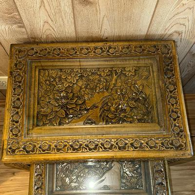 216 NESTING 3 CARVED WOOD TABLES GLASS TOPS 24" TALL