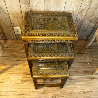 216 NESTING 3 CARVED WOOD TABLES GLASS TOPS 24" TALL