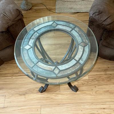 219 ROUND GLASS TOP SIDE TABLE IRON BASE 24" ACROSS