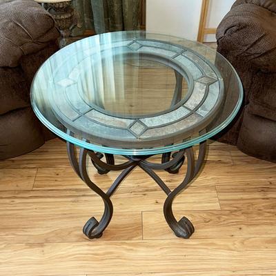219 ROUND GLASS TOP SIDE TABLE IRON BASE 24" ACROSS