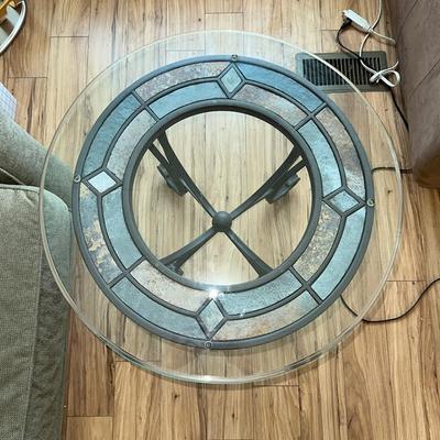 222 ROUND GLASS TOP SIDE TABLE 24" ACROSS IRON BASE
