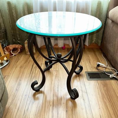 222 ROUND GLASS TOP SIDE TABLE 24" ACROSS IRON BASE