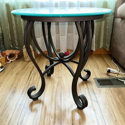 222 ROUND GLASS TOP SIDE TABLE 24" ACROSS IRON BASE