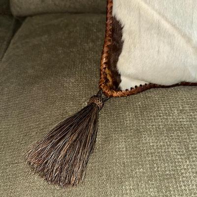 224 VINTAGE COW HIDE PILLOW WITH TASSELS 16" SQUARE LEATHER SEAMS
