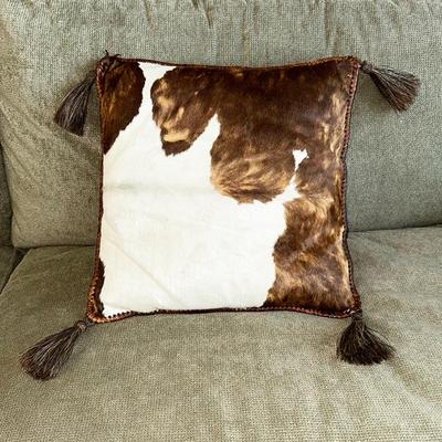 224 VINTAGE COW HIDE PILLOW WITH TASSELS 16" SQUARE LEATHER SEAMS