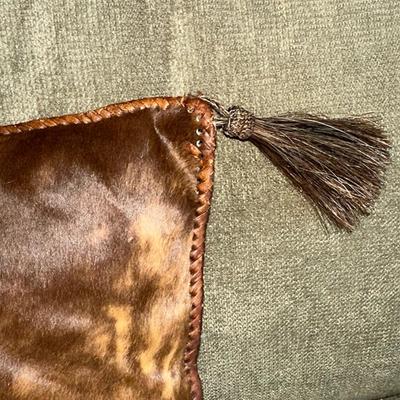 224 VINTAGE COW HIDE PILLOW WITH TASSELS 16" SQUARE LEATHER SEAMS