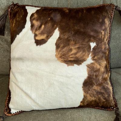 224 VINTAGE COW HIDE PILLOW WITH TASSELS 16" SQUARE LEATHER SEAMS