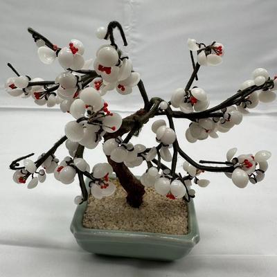 Vintage Chinese Brass & Stone Jade Bonsai Tree