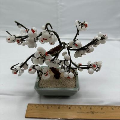 Vintage Chinese Brass & Stone Jade Bonsai Tree