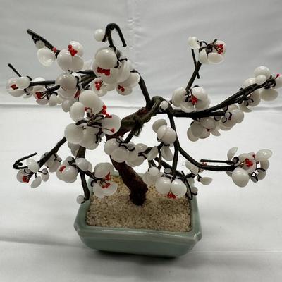 Vintage Chinese Brass & Stone Jade Bonsai Tree