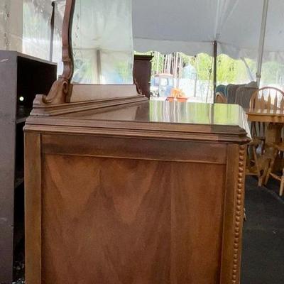 Lot# 010 Antique Walnut/Veneer Wooden 5 Drawer Dresser with Detachable Beveled Mirror