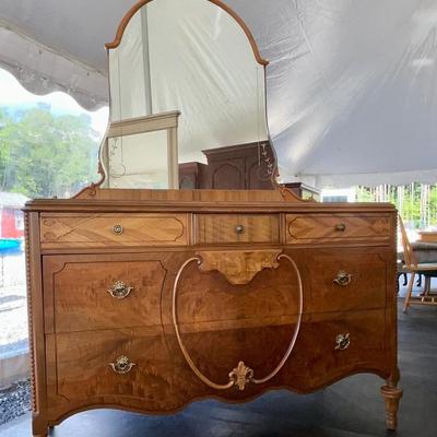 Lot# 010 Antique Walnut/Veneer Wooden 5 Drawer Dresser with Detachable Beveled Mirror