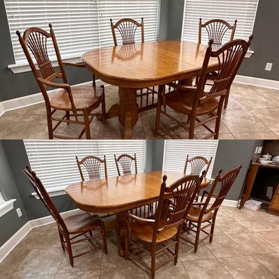 S. BENL & BROS ~ Solid Oak Tressel Table w/6 Matching Chairs