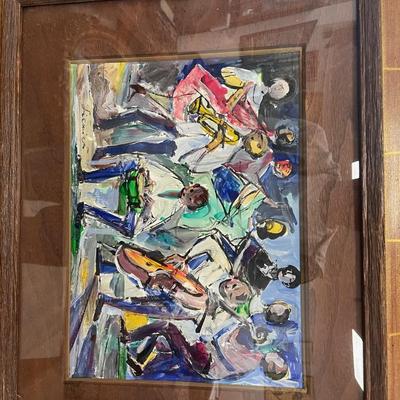SIGNED JAZZ SCENE OIL PAINTING ON BOARD/ ACRYLIC