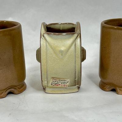 Frankoma Pottery Western Wagon Wheel Design small planter with 2 coffee mugs