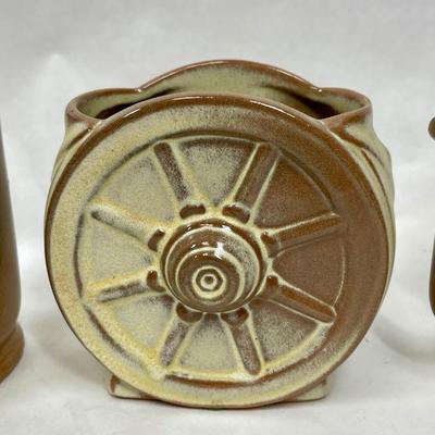 Frankoma Pottery Western Wagon Wheel Design small planter with 2 coffee mugs