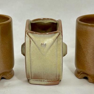 Frankoma Pottery Western Wagon Wheel Design small planter with 2 coffee mugs