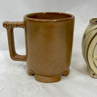 Frankoma Pottery Western Wagon Wheel Design small planter with 2 coffee mugs