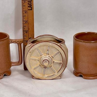Frankoma Pottery Western Wagon Wheel Design small planter with 2 coffee mugs
