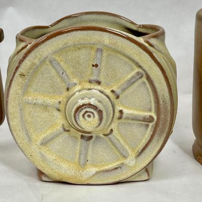 Frankoma Pottery Western Wagon Wheel Design small planter with 2 coffee mugs