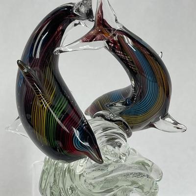 Vinci Vintage Hand Fused Glass Statue / Figurine - Frolicking Dolphins