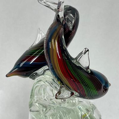 Vinci Vintage Hand Fused Glass Statue / Figurine - Frolicking Dolphins